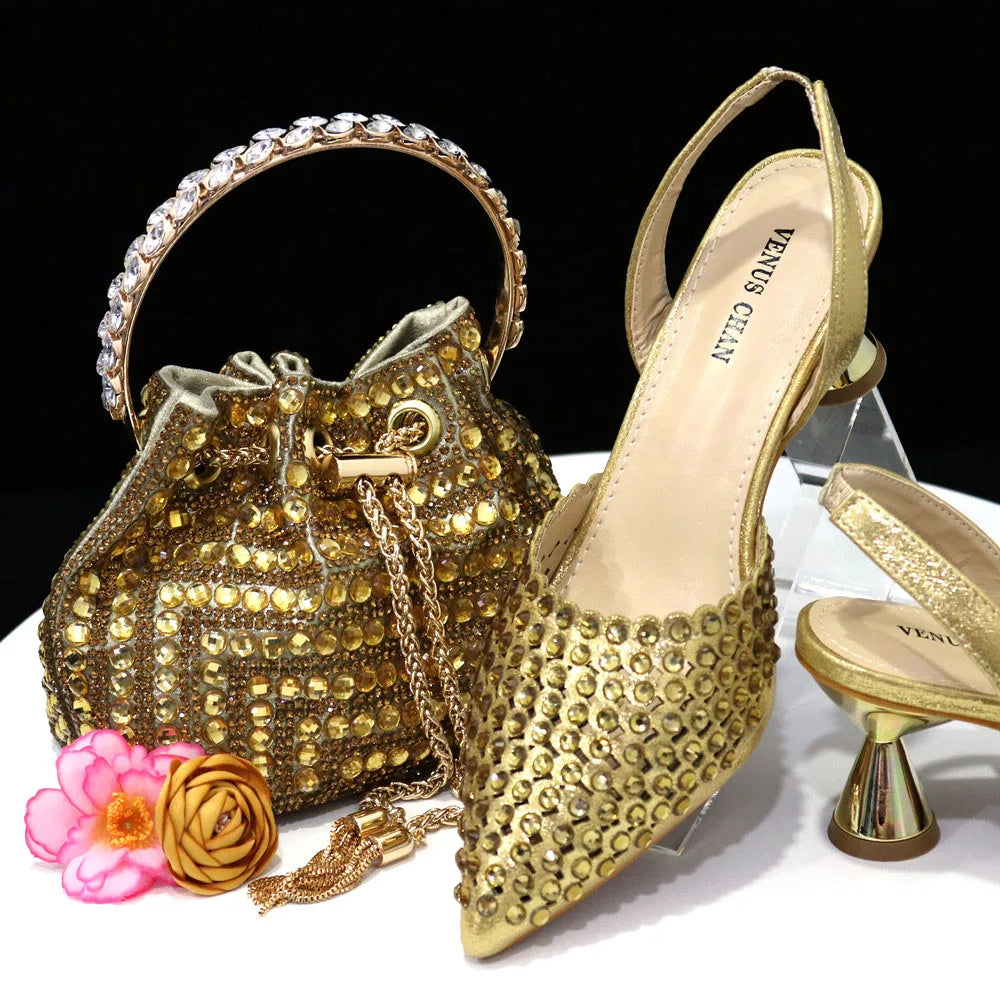Venus Chan Pointed Toe Heels for Women 2023 Elegant Party Wine Color Full Diamond Pumps Italian Shoes and Bags Matching Set