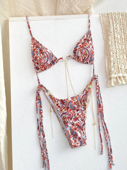 Catene a triangolo sexy Set bikini Micro perizoma Costume da bagno donna Costume da bagno Biquini Fasciatura Costumi da bagno Stampa Costumi da bagno Perizoma Bikini