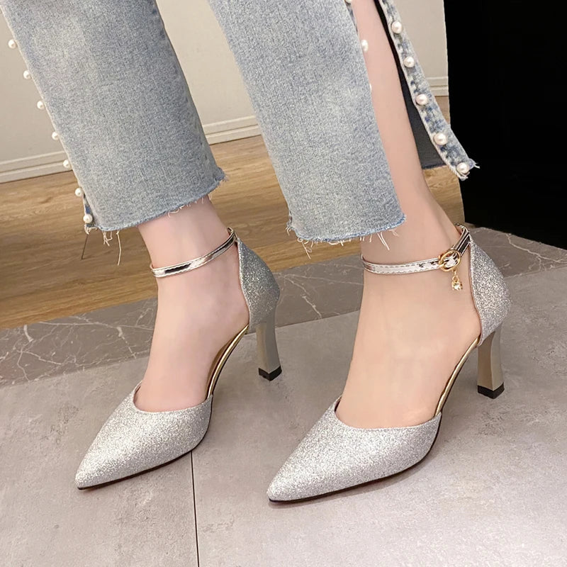 Bling Gold Silver Women Pumps 2023 Sexy Point Toe Thin Heel Party Wedding Shoes Womens Summer Ankle Strap 8cm High Heels Shoes