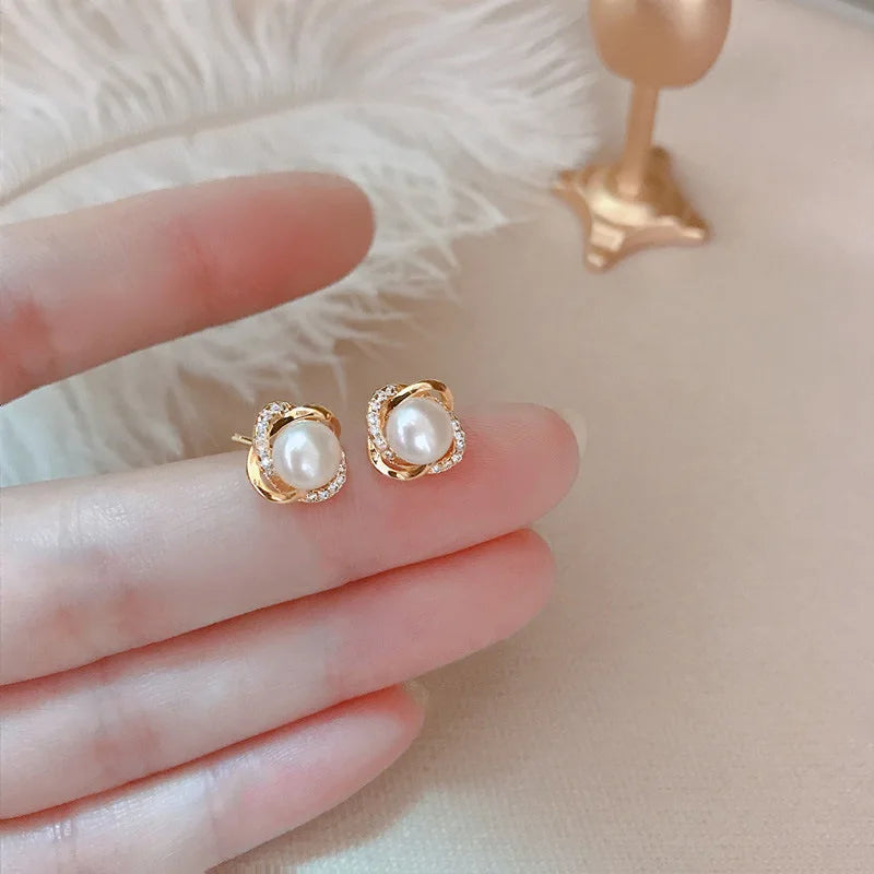 Gioielli in oro 14k di lusso Orecchini in oro reale Zircone Perla Twist Orecchini a bottone di lusso per le donne Brincos Pendientes Bijoux