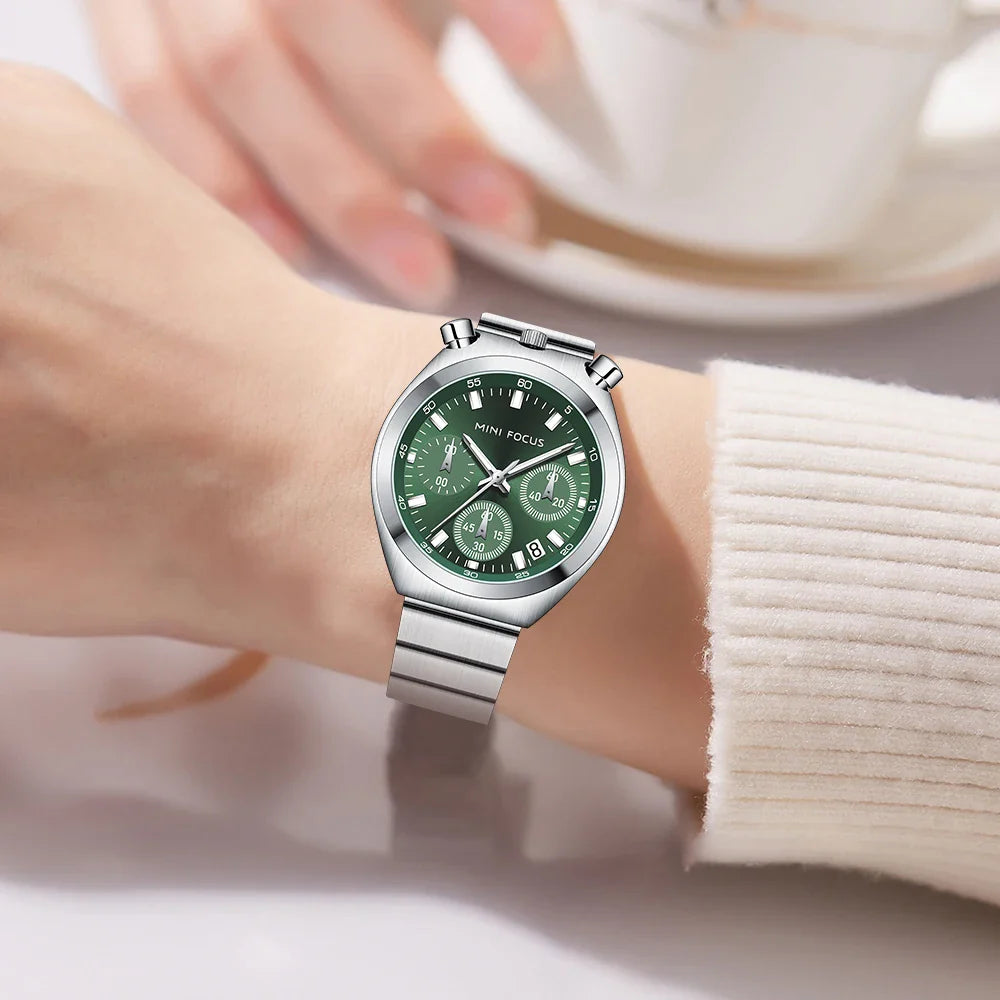 MINI FOCUS Orologio al quarzo verde argento per donna Orologio da polso cronografo con cinturino in acciaio inossidabile moda con lancette luminose Data 0491