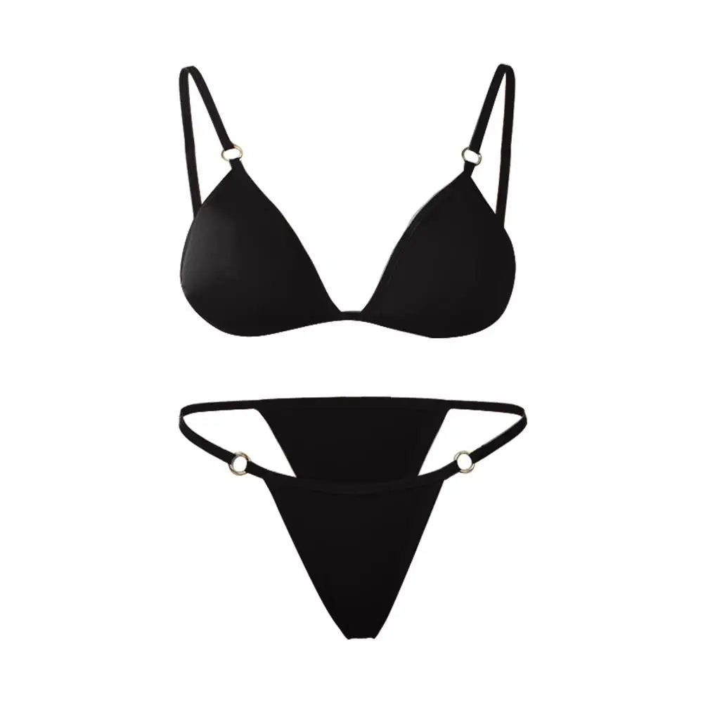 Costume da bagno bikini sexy da donna in tinta unita con fibbia in metallo decorato con costumi da bagno brasiliani per vacanze al mare