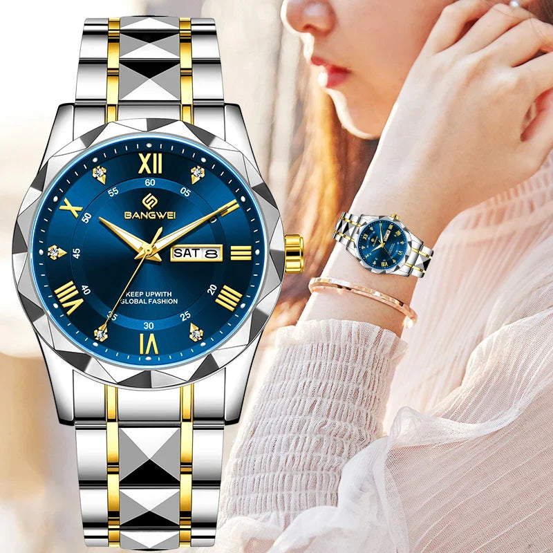 BANGWEI Orologio da donna elegante e lussuoso al quarzo, orologio da polso classico e semplice in acciaio inossidabile, con data automatica, impermeabile, con diamanti