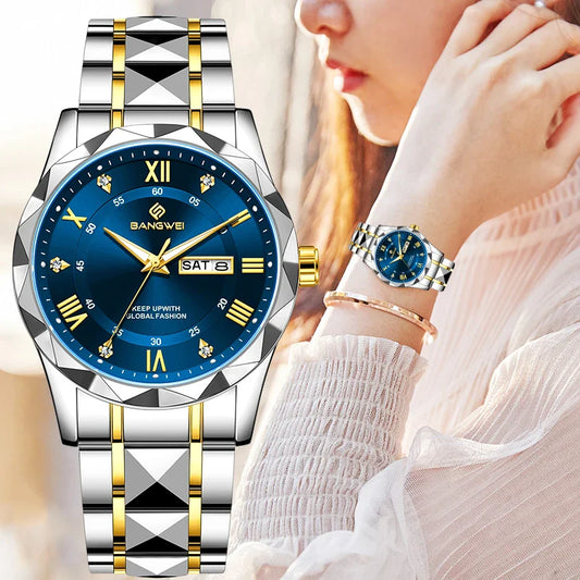 BANGWEI Orologio da donna elegante e lussuoso al quarzo, orologio da polso classico e semplice in acciaio inossidabile, con data automatica, impermeabile, con diamanti
