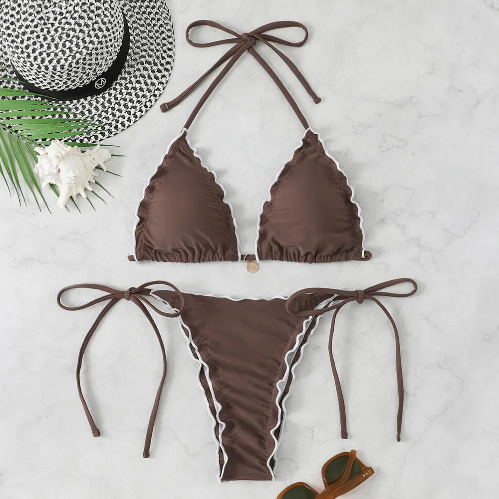 Micro Bikini Donna Due Pezzi Sexy Plissettato Costume da Bagno Femminile 2026 con Lacci Set Bikini da Spiaggia con Perizoma