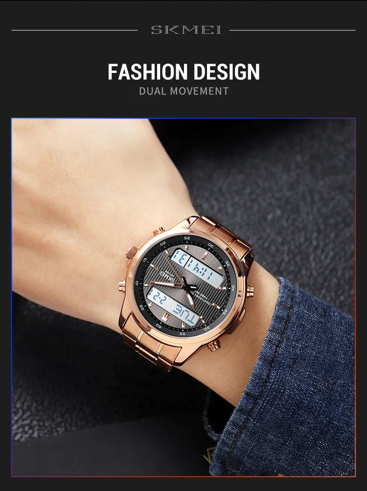 Skmei orologio da polso analogico al quarzo da uomo cinturino in acciaio inossidabile di lusso Led impermeabile digitale sportivo sveglia a tre fusi orari