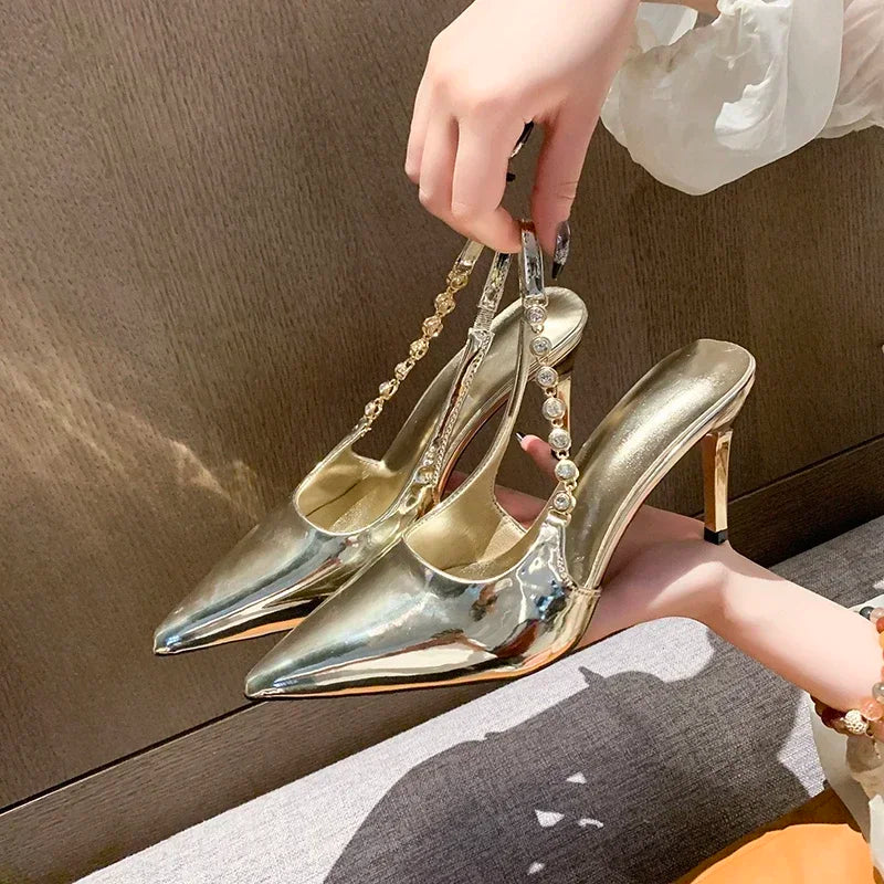 Shiny High Heels Slingback Silver Women Pumps Metallic Crystal Sandals Pointy Toe Stiletto Heeled Shoes Party Dress Shoes Woman
