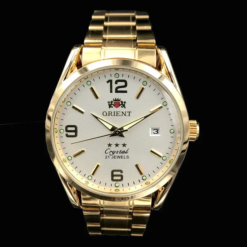 Orient Double Lion Classic Watch Series Orologio da uomo con cinturino in acciaio inossidabile Tourbillon meccanico automatico multifunzione di lusso