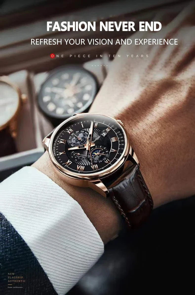 Orologio da uomo di lusso cronografo impermeabile modello fasi lunari orologio da polso da uomo luminoso in pelle orologi al quarzo da uomo orologio Casual