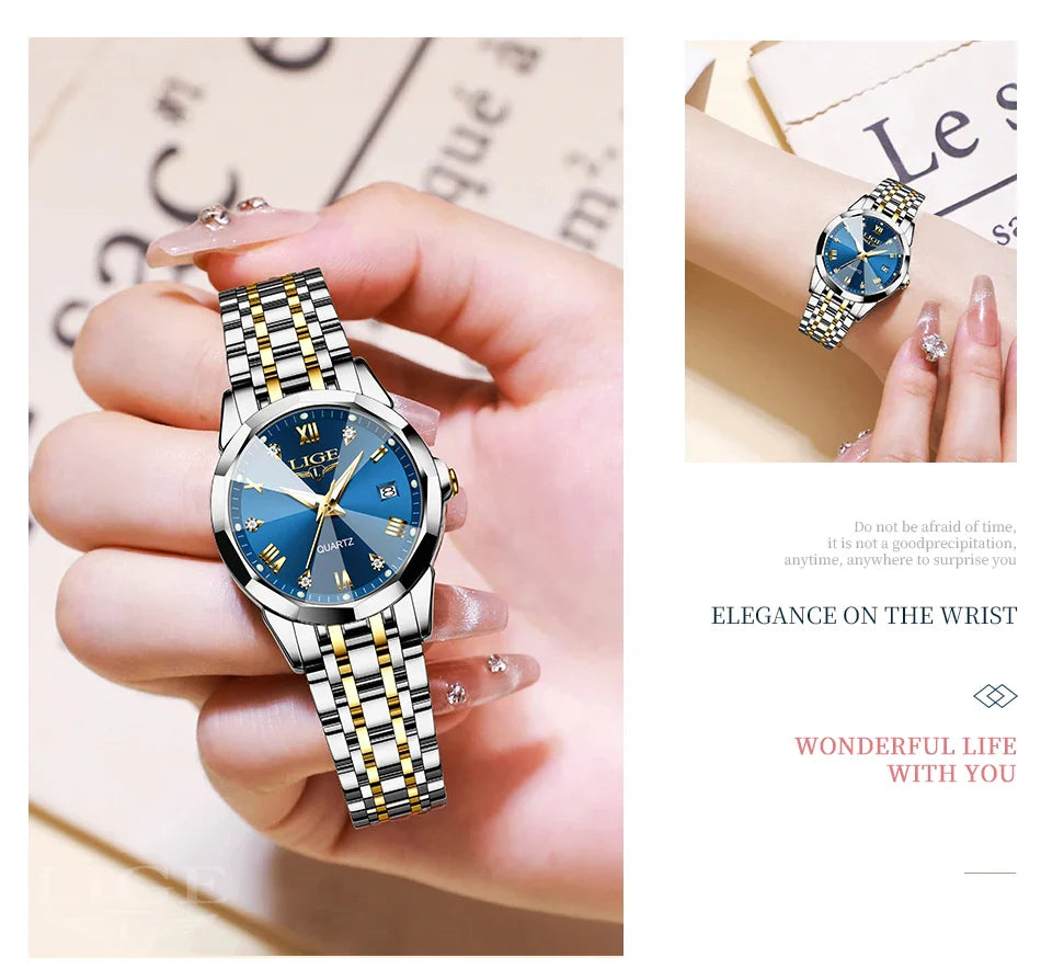 LIGE Elegante Orologio da Polso da Donna Ultrasottile in Stile Nordico Semplice con Movimento al Quarzo, Bracciale in Acciaio Inossidabile alla Moda