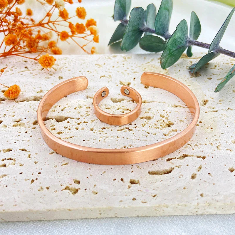 Set Bracciali e anelli in rame puro per donna Uomo Polsino semplice Braccialetti magnetici Artrite Salute Gioielli in rame massiccio