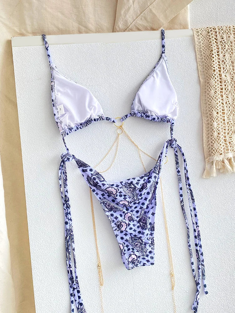 Catene a triangolo sexy Set bikini Micro perizoma Costume da bagno donna Costume da bagno Biquini Fasciatura Costumi da bagno Stampa Costumi da bagno Perizoma Bikini