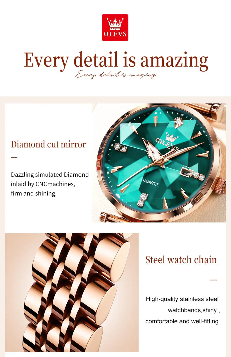 OLEVS 5536 Orologio da donna al quarzo con diamanti di marca di lusso Moda elegante orologio da donna impermeabile in oro rosa con bracciale Set Reloj Mujer