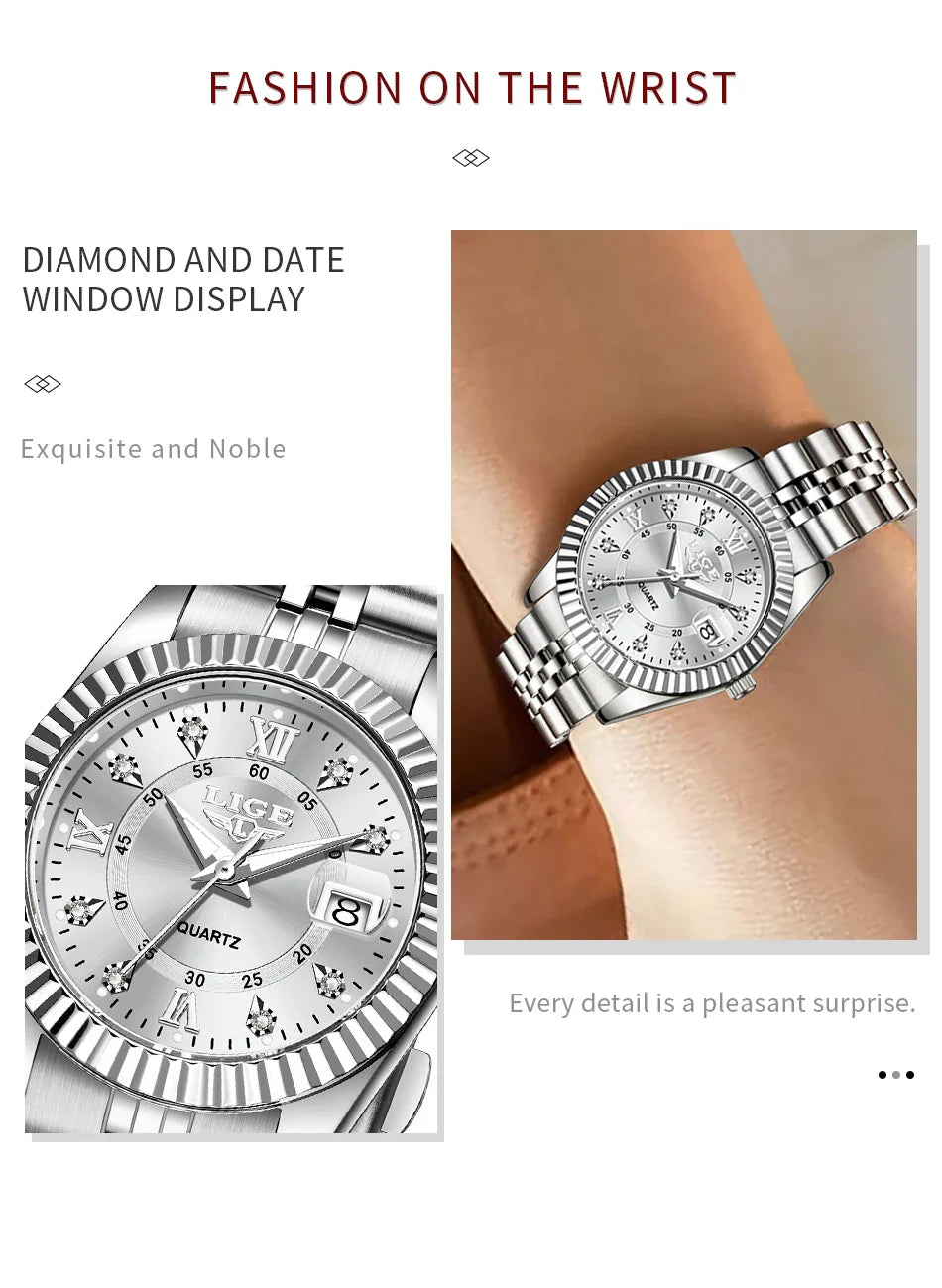 Orologio da Polso LIGE di Lusso con Strass per Donna, Cinturino in Acciaio Inossidabile, Movimento al Quarzo, Regalo, Reloj Mujer