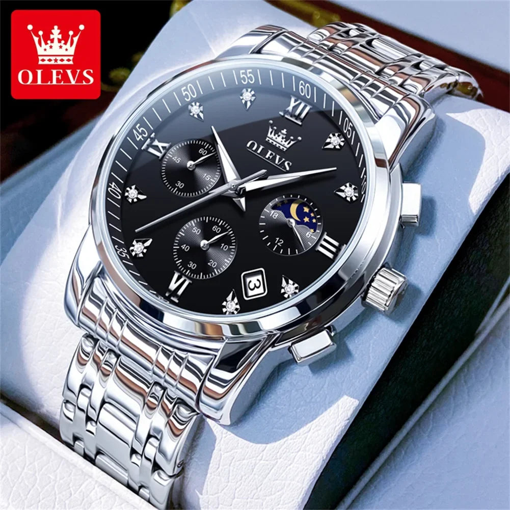OLEVS 2858 Orologio da Uomo in Acciaio Inossidabile, Impermeabile, Antigraffio, con Fasi Lunari, Luminoso, Cronografo, Orologio da Polso al Quarzo di Lusso