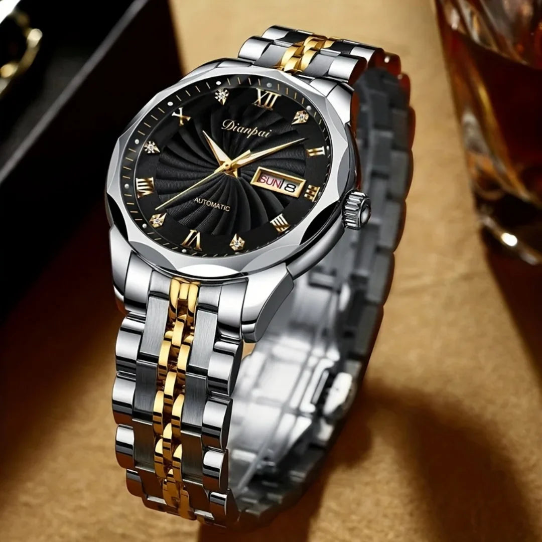 Dianpai Orologio meccanico automatico con cinturino luminoso in acciaio inossidabile, orologio nazionale da uomo alla moda.