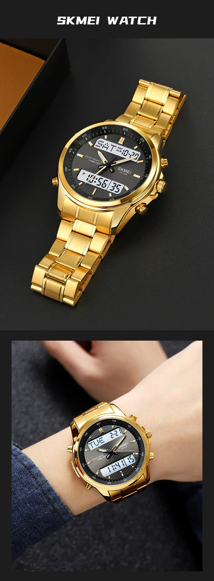 Skmei orologio da polso analogico al quarzo da uomo cinturino in acciaio inossidabile di lusso Led impermeabile digitale sportivo sveglia a tre fusi orari