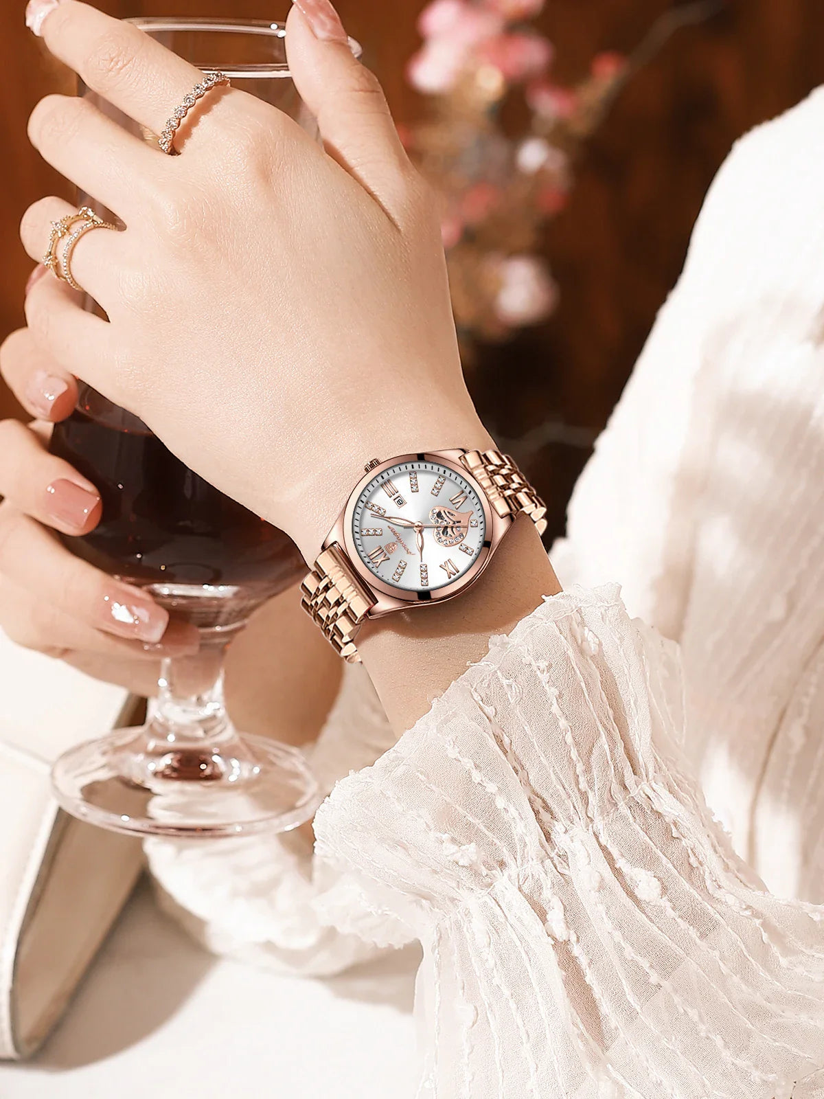 POEDAGAR Orologi di lusso da donna Orologio da donna impermeabile con data luminosa in acciaio inossidabile Orologio da polso da donna al quarzo alla moda elegante