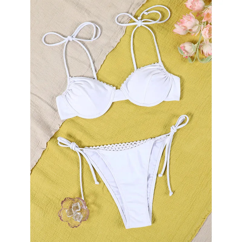 Costume da bagno da donna bianco, bikini a stringhe, vita bassa, push-up, micro bikini due pezzi