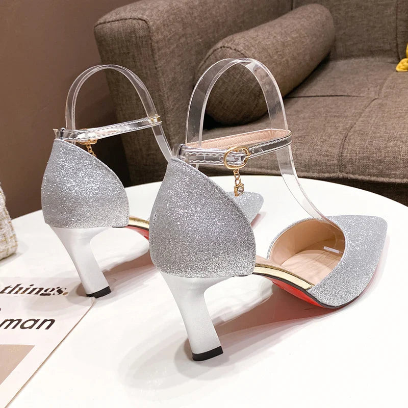Bling Gold Silver Women Pumps 2023 Sexy Point Toe Thin Heel Party Wedding Shoes Womens Summer Ankle Strap 8cm High Heels Shoes