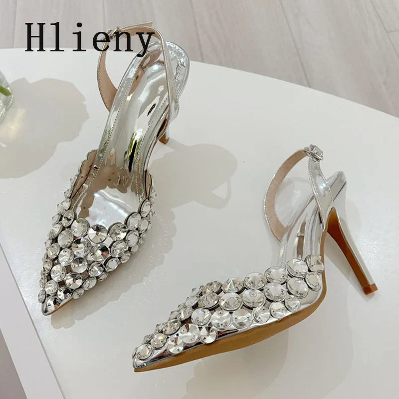 Hlieny Hollow Out Patent Leather Women Pumps Fashion Crystal Diamonds Pointed Toe Gold Silver High Heels Shoes Stiletto Sandals