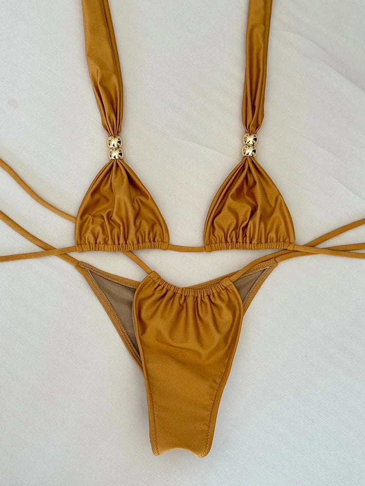 2025New Sexy a vita bassa Micro Bikini Set Costumi da bagno Donna Costume da bagno Solido brasiliano con spalline Halter Beachwear Costume da bagno biquini