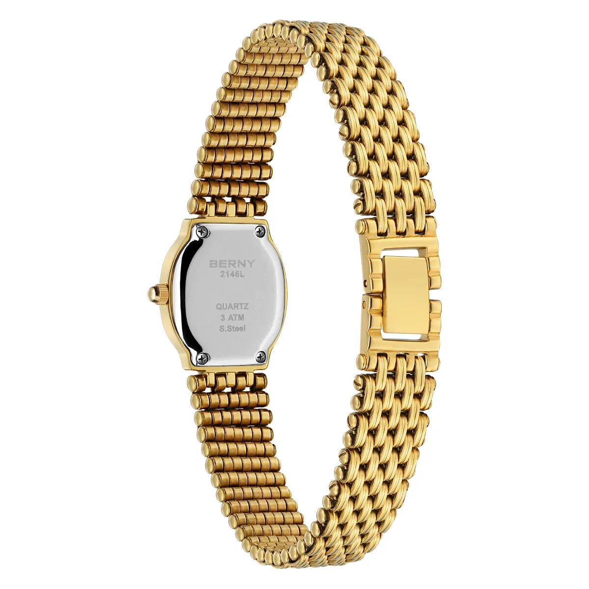 BERNY Orologio al quarzo da donna Cinturino in acciaio inossidabile dorato Orologio da polso ellittico di lusso Orologio da donna semplice retrò impermeabile