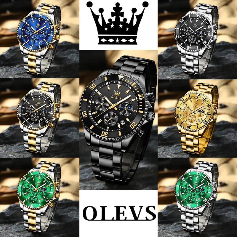 OLEVS Orologi da uomo Orologio di lusso delle migliori marche da uomo Cronografo originale impermeabile in acciaio inossidabile Fasi lunari Data Quadrante Rota