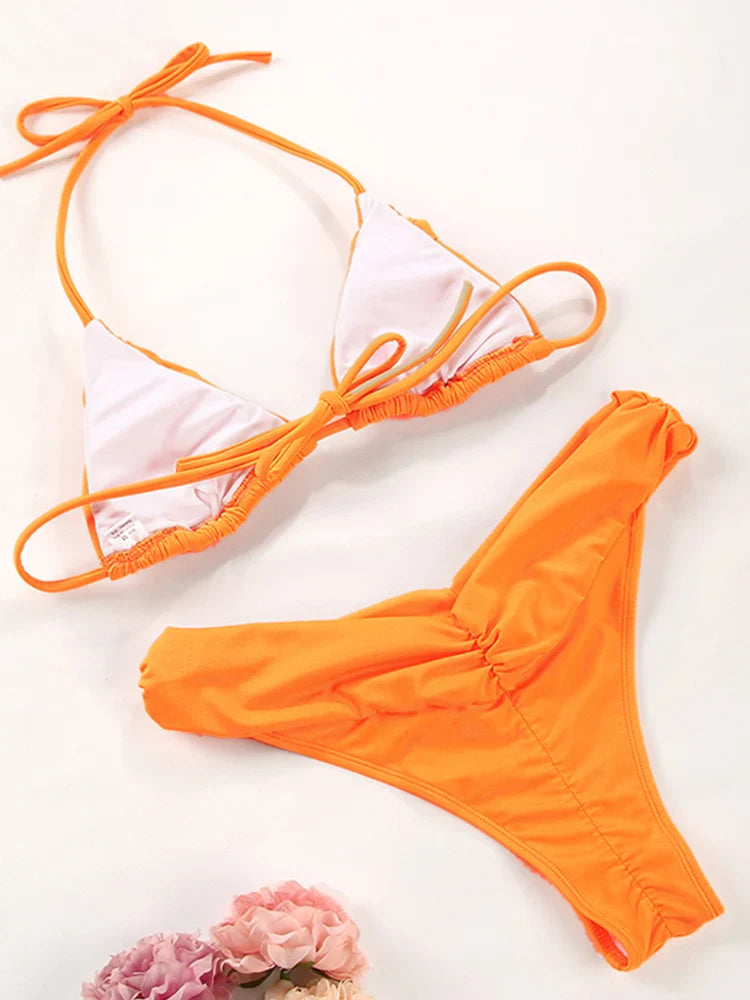 Set Bikini Sexy con Pieghe, Micro Bikini Tinta Unita, Costume da Bagno Femminile a Triangolo, Abbigliamento da Spiaggia