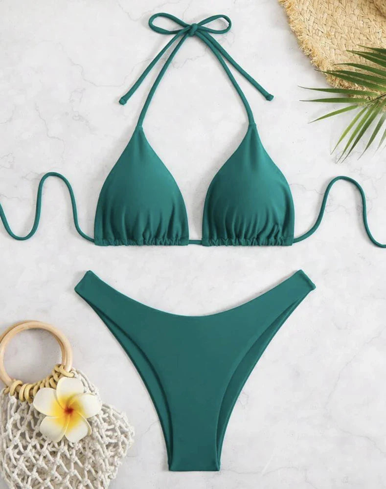 Costume da bagno bikini a perizoma da donna sexy, tinta unita bianco/nero/caffè, con laccetti, stile brasiliano, nuovo, in doppio tessuto, per la spiaggia