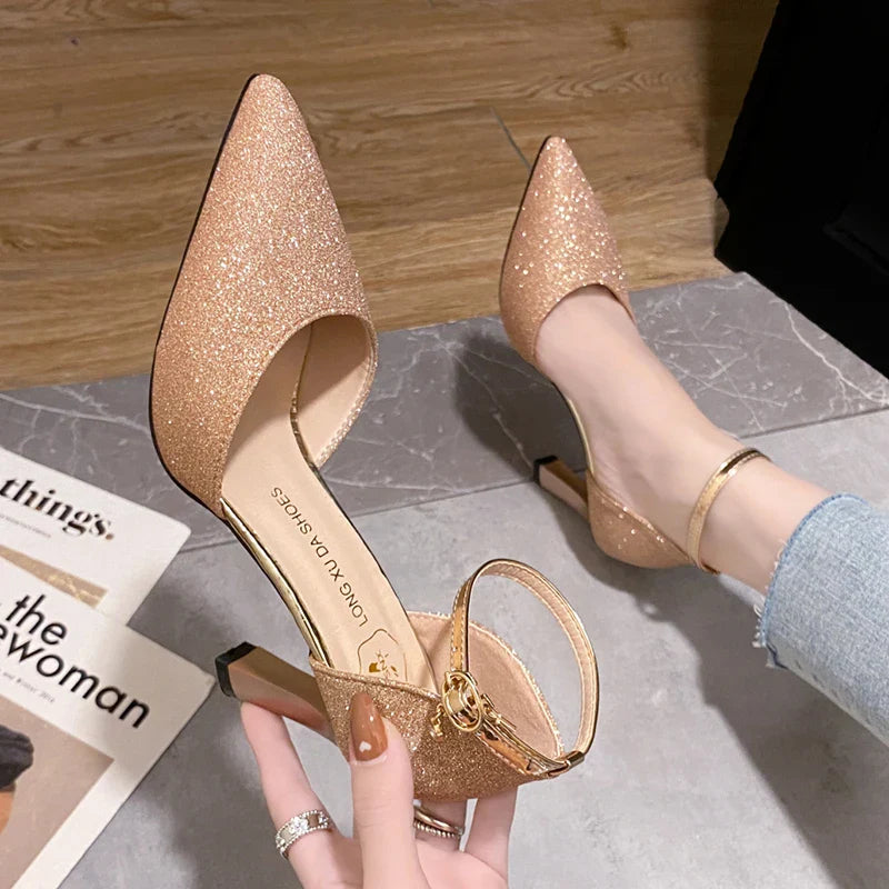 Bling Gold Silver Women Pumps 2023 Sexy Point Toe Thin Heel Party Wedding Shoes Womens Summer Ankle Strap 8cm High Heels Shoes