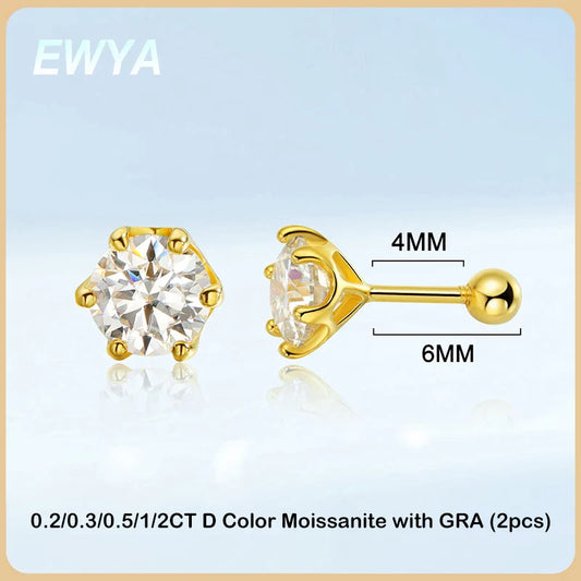 EWYA 0.2/0.5/2ct D Colore Moissanite Orecchini a vite per donna Uomo Argento 925 placcato 18K Pass Diamond Test 6 Prong Orecchino