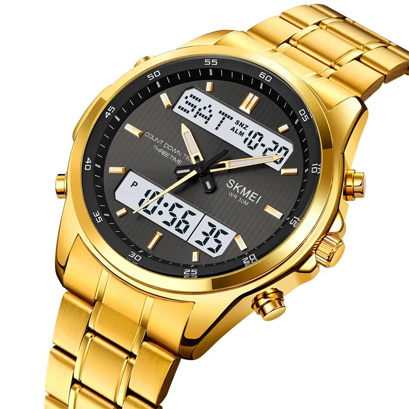 Skmei orologio da polso analogico al quarzo da uomo cinturino in acciaio inossidabile di lusso Led impermeabile digitale sportivo sveglia a tre fusi orari