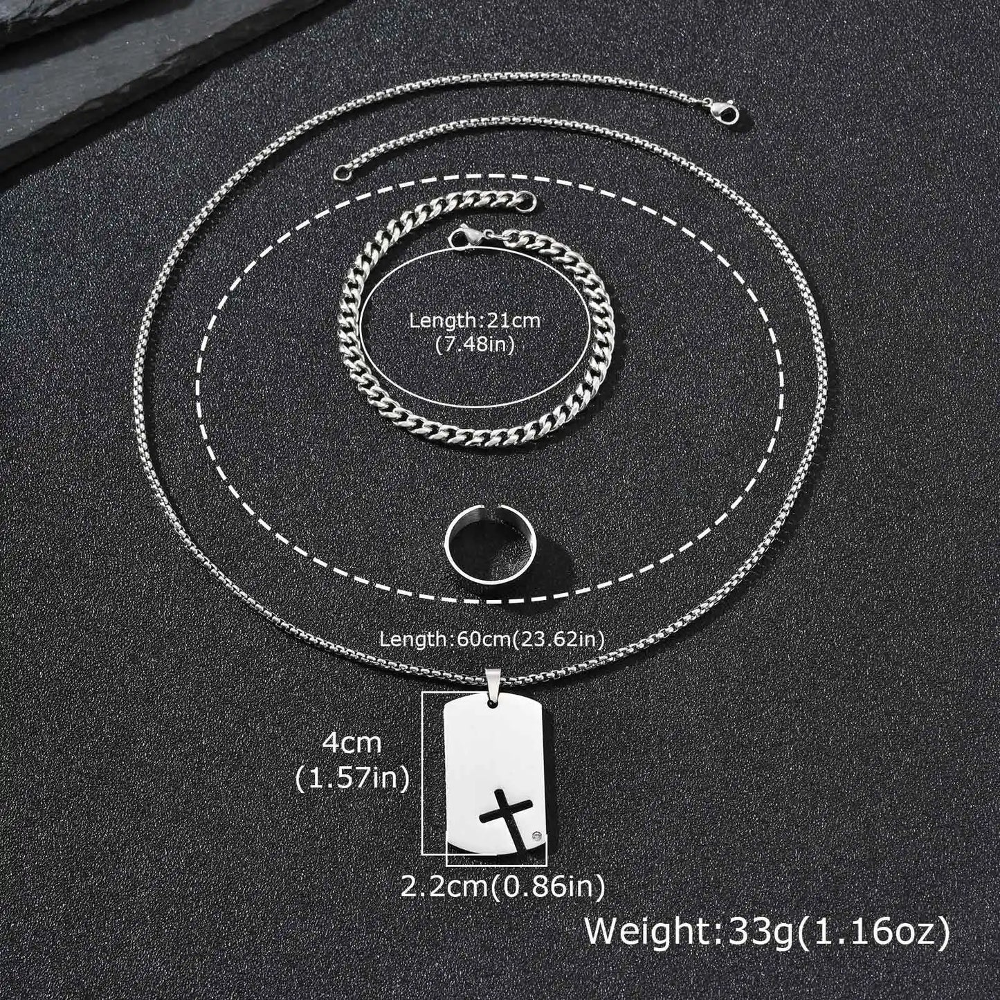 Set di 3 Pezzi: Collana Dogtag per Uomini e Ragazzi, Bracciale con Catena Cubana in Acciaio Inossidabile, Set di Anelli Impermeabili Regalo