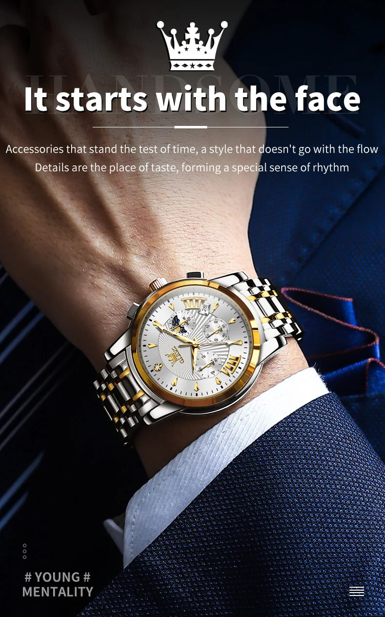 OLEVS Orologi al quarzo da uomo Orologi di marca in acciaio inossidabile Orologio sportivo impermeabile per uomo Cronografo con fasi lunari