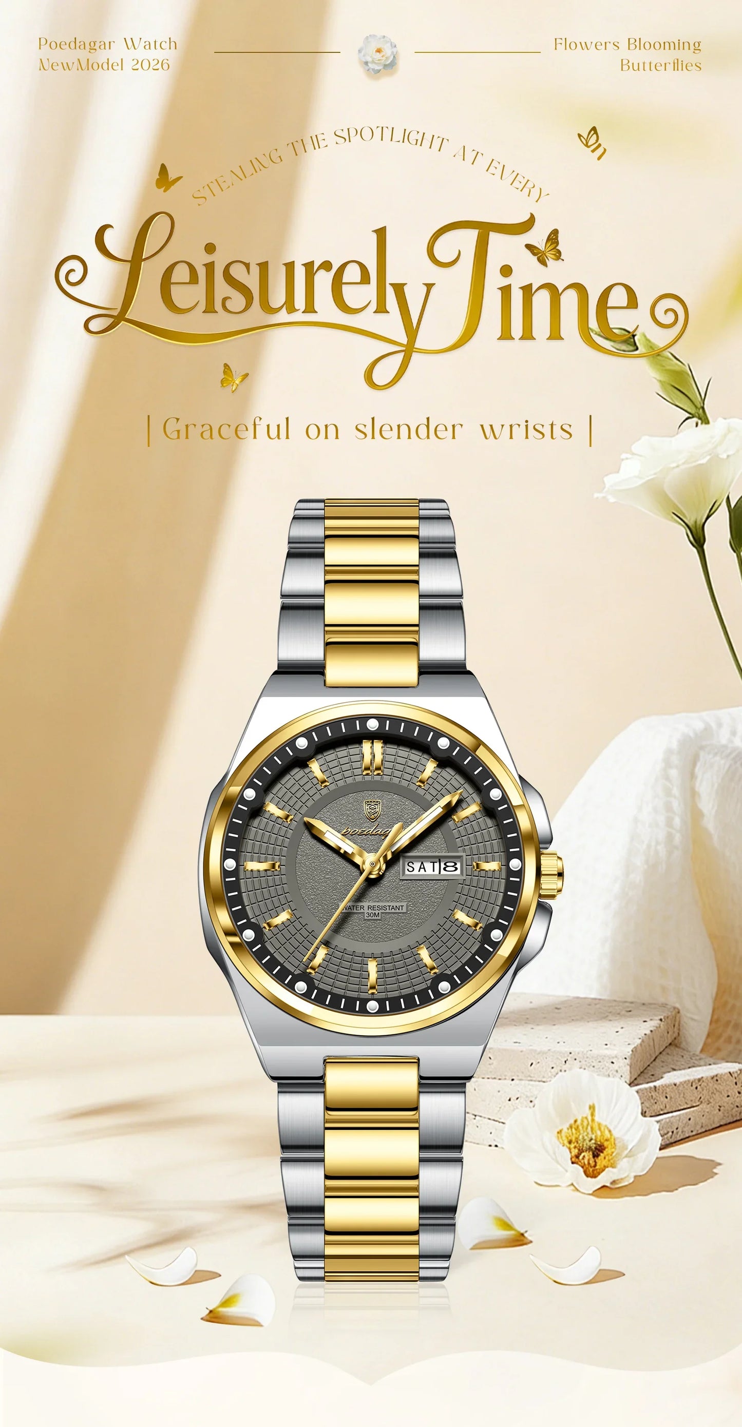 Orologio da Donna POEDAGAR Elegante con Data e Giorno della Settimana, Movimento al Quarzo, Acciaio Inossidabile, Luminoso e Impermeabile