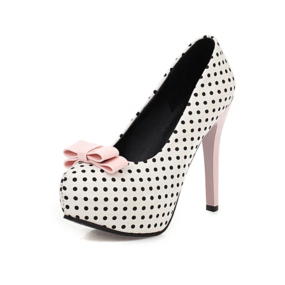 Sexy Super High Heels Women Platform Pumps Polka dot Bow Party Dress Shoes Woman Elegant Wedding Shoes Female 12cm Stilettos