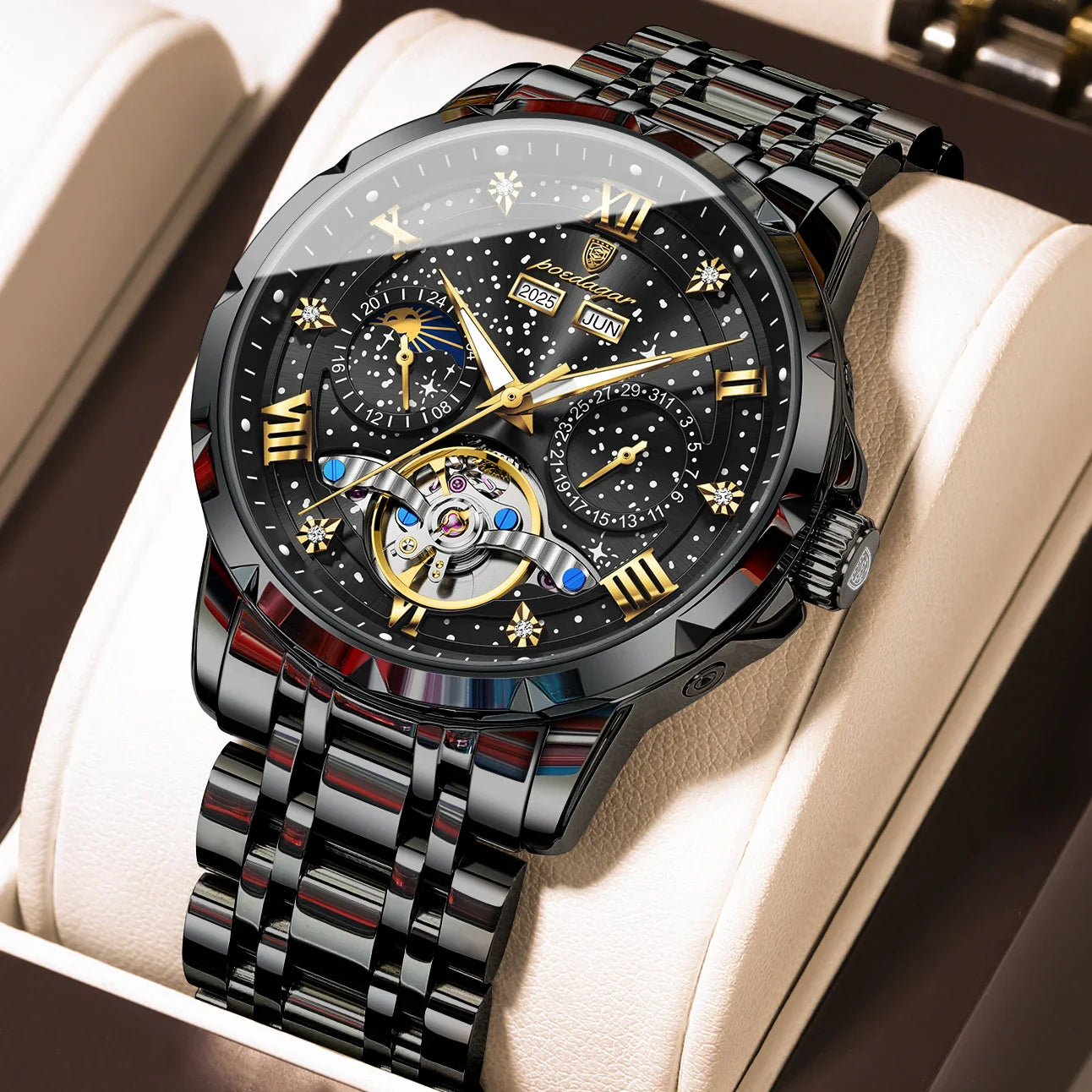 POEDAGAR Top Orologio da uomo originale Orologio meccanico automatico da uomo in acciaio inossidabile Calendario Hollow Tourbillon Orologio da uomo Maschio + scatola
