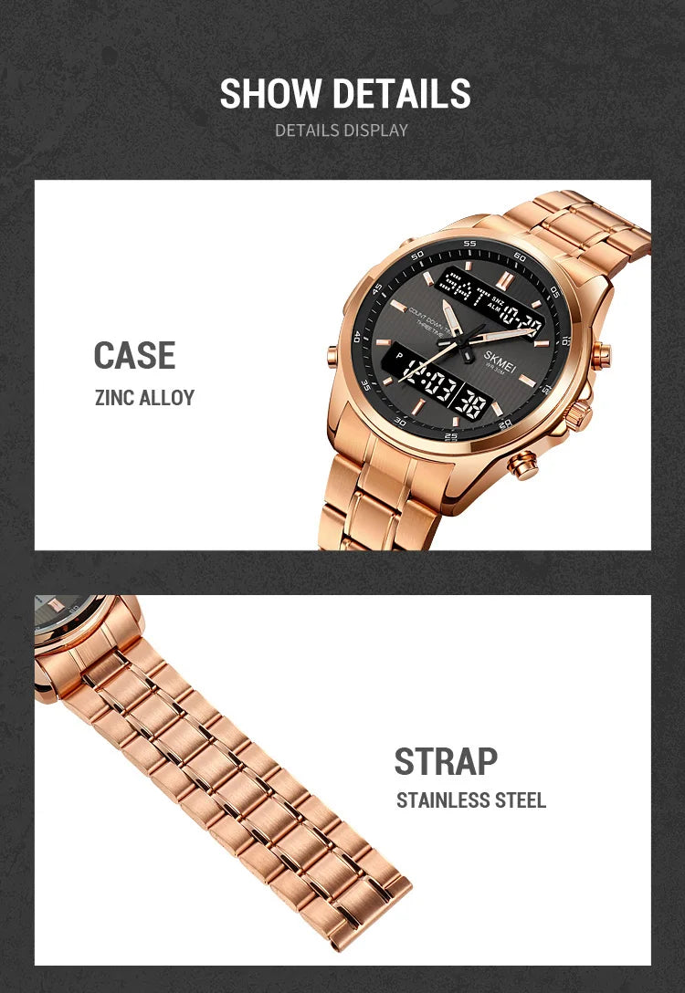 Skmei orologio da polso analogico al quarzo da uomo cinturino in acciaio inossidabile di lusso Led impermeabile digitale sportivo sveglia a tre fusi orari