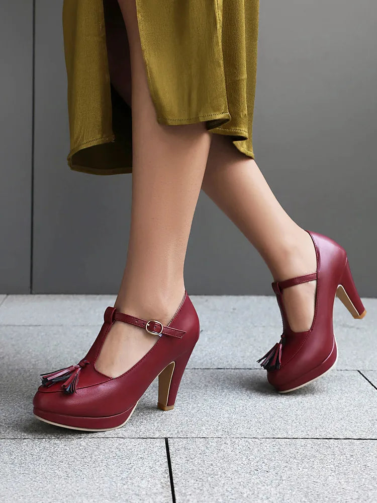 NASBAVI Fashion Female Pumps Round Toe Chunky Heels 9cm Platform 1.5cm Buckle T-Strap Tassels Plus Size 46 47 48 Sexy Shoes