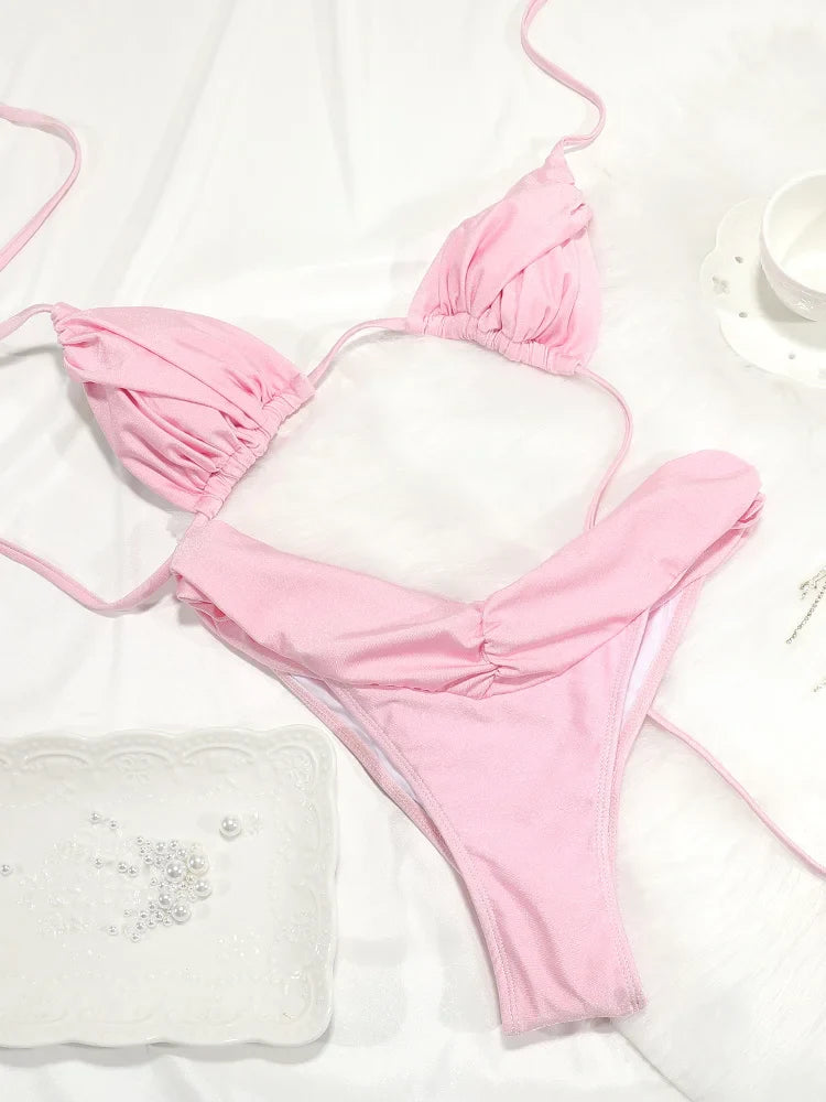 Costume da bagno bikini con pieghe sexy Micro bikini solido Costume da bagno donna Triangolo femminile Costume da bagno da spiaggia
