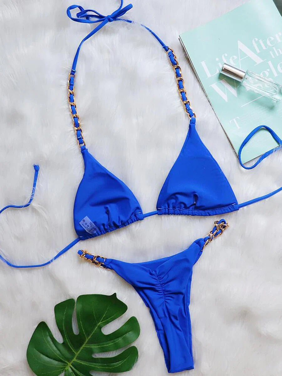 Bikini Brasiliano Due Pezzi con Catene Metalliche e Micro Perizoma, Costume da Bagno Donna