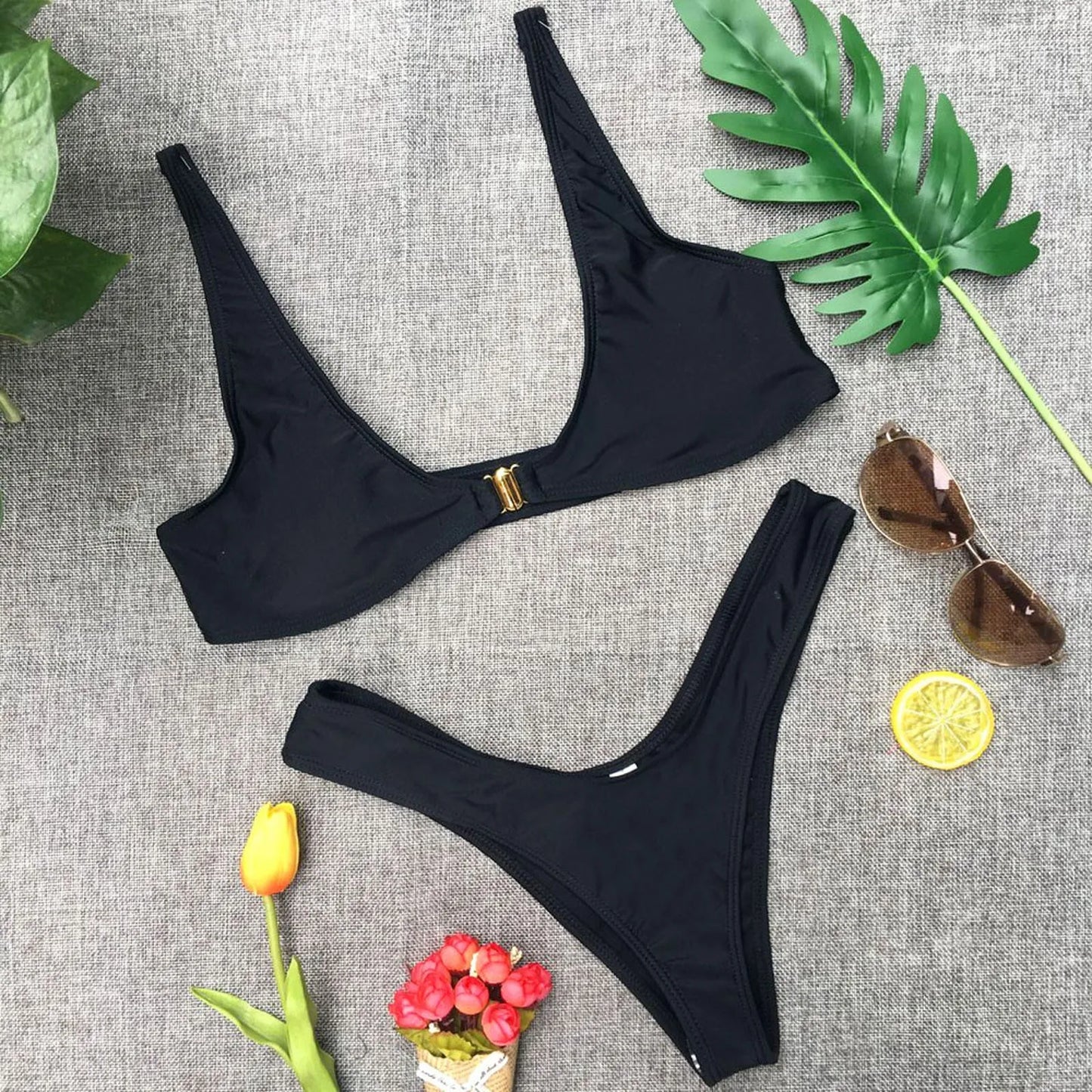 Muslimmuslimlim's Sexy muslimah Fashion tinta unita costumi da bagno donna vita alta Gold Lock Bikini Sexy Beachwear costume da bagno