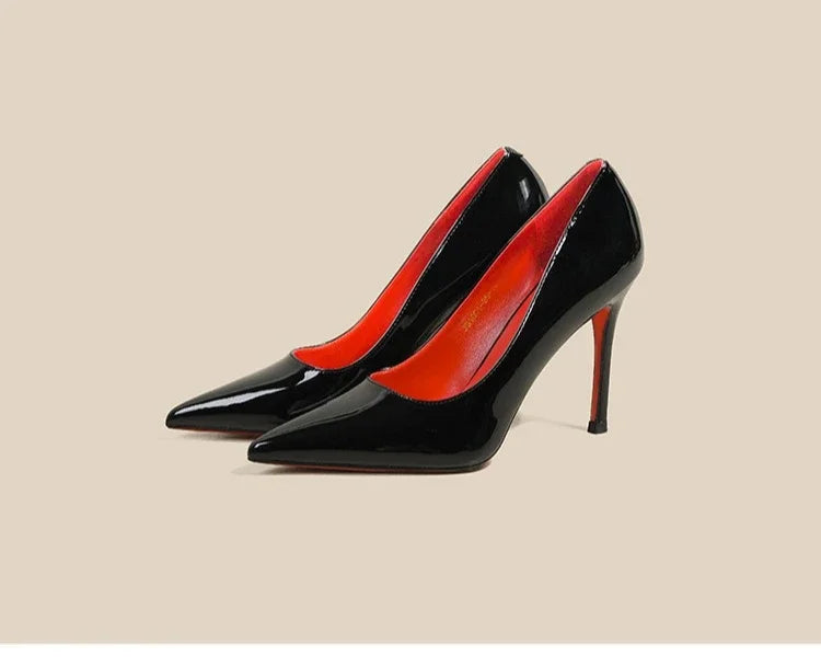 7cm Black Red Sole High Heels Spring Pointed Toe Stiletto Heel Sexy Shiny Single Shoes Fashion Patent Leather Women's Shoes