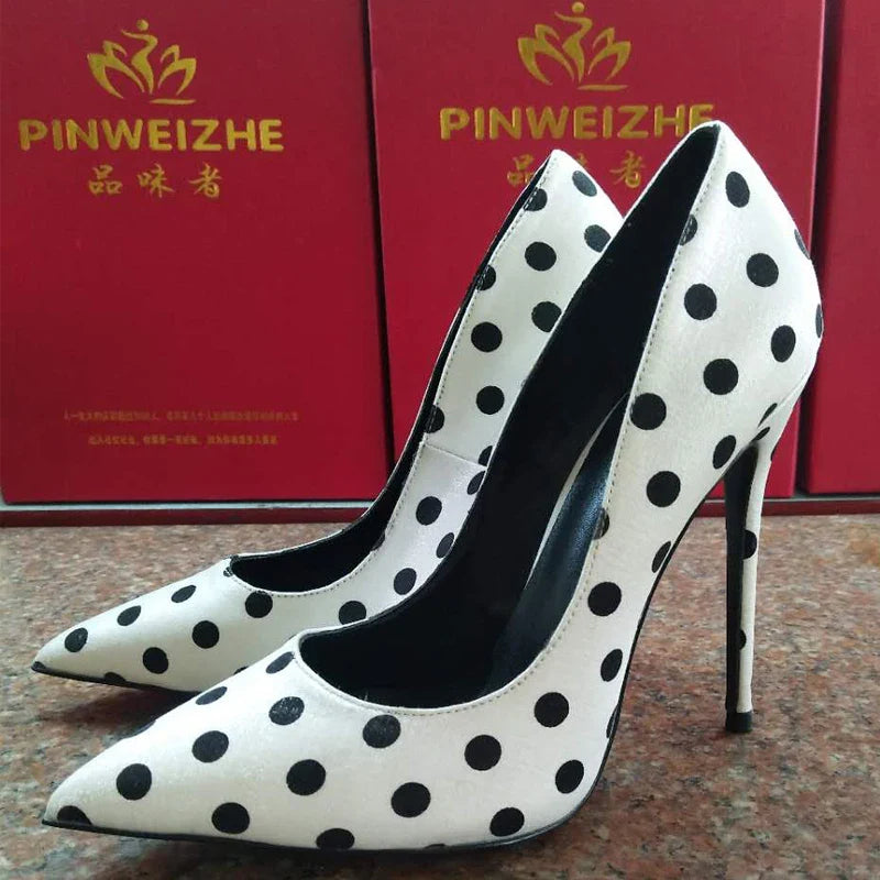 New round polka dot silk high heels with pointed toe, shallow mouth, thin heel 12cm Sexy French Girl Single Shoes