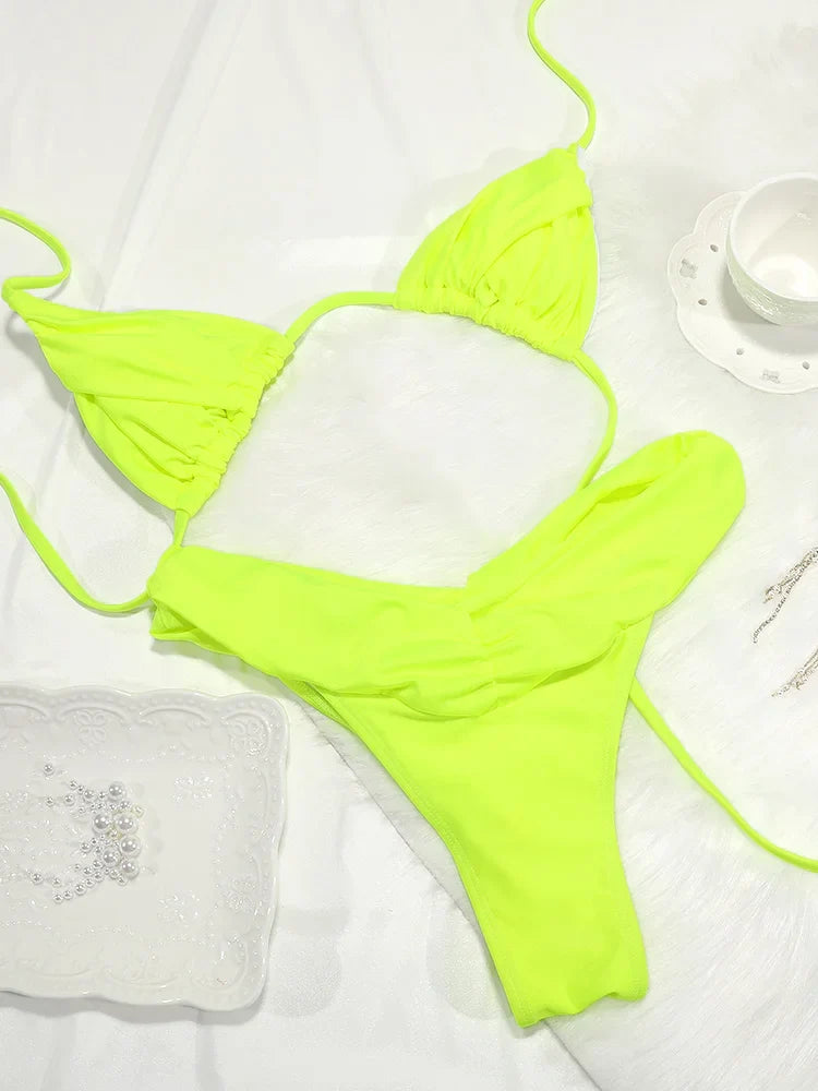 Costume da bagno bikini con pieghe sexy Micro bikini solido Costume da bagno donna Triangolo femminile Costume da bagno da spiaggia