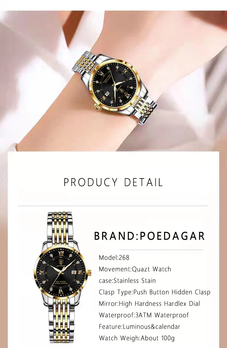 POEDAGAR Orologio da donna di lusso Orologio da donna impermeabile in acciaio inossidabile con data luminosa Orologi al quarzo da donna semplici e casual alla moda