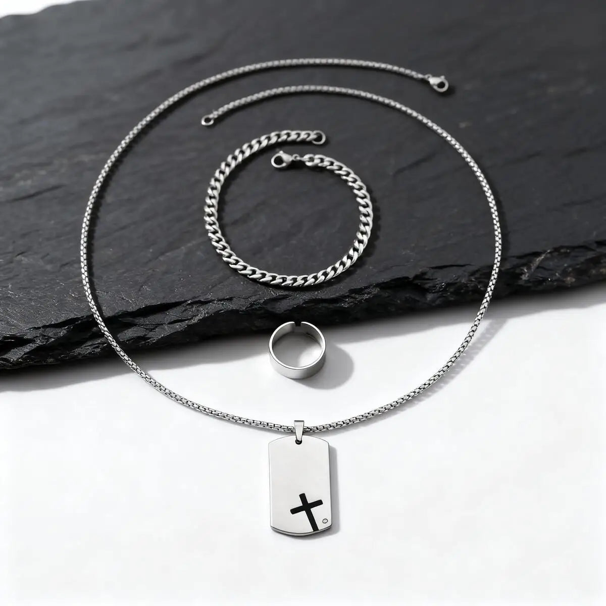 Set di 3 Pezzi: Collana Dogtag per Uomini e Ragazzi, Bracciale con Catena Cubana in Acciaio Inossidabile, Set di Anelli Impermeabili Regalo