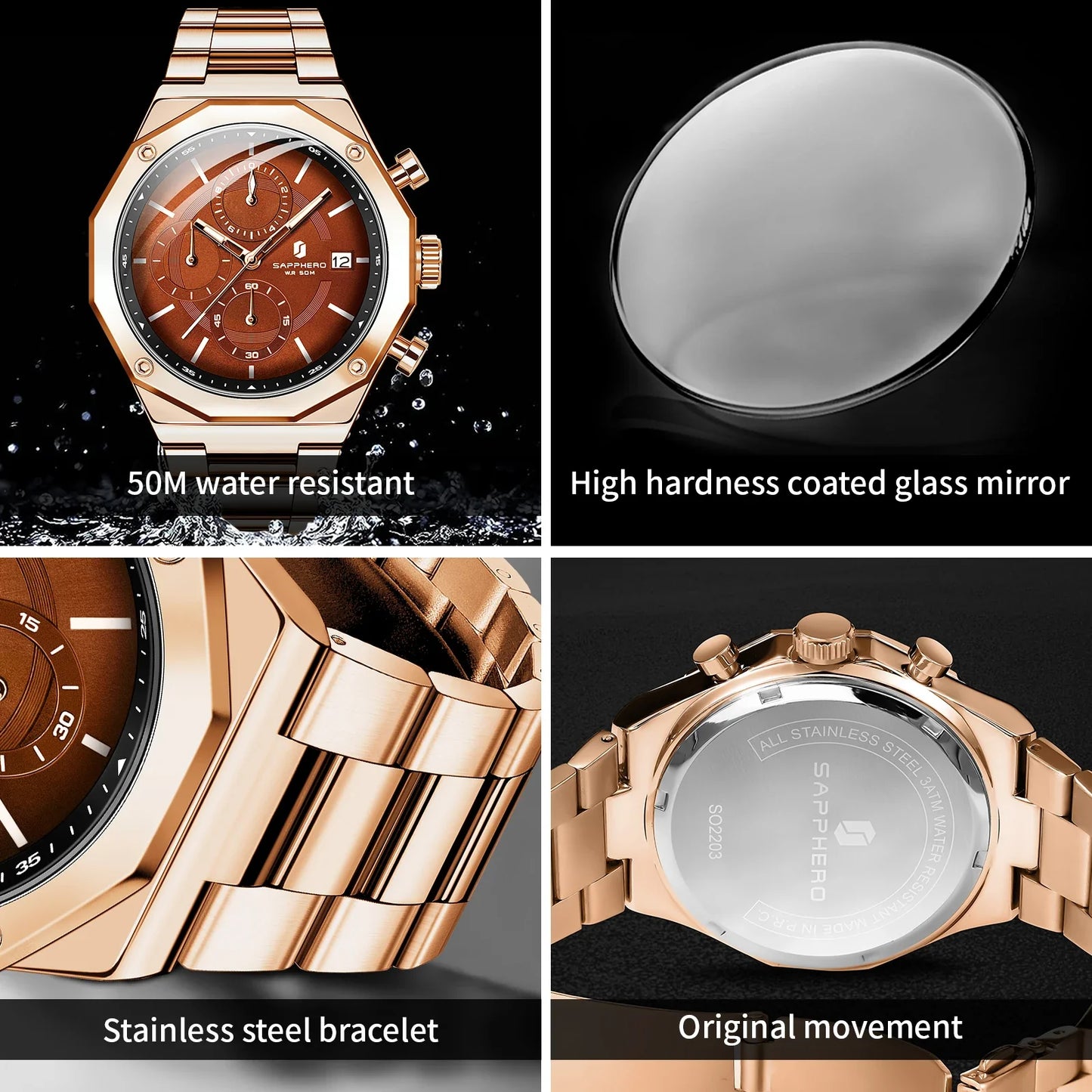 SAPHERO Orologio Cronografo Uomo al Quarzo 5ATM Impermeabile Acciaio Inox con Data, Regalo Perfetto per Padre, Marito, Fidanzato per Natale, Compleanno, San Valentino