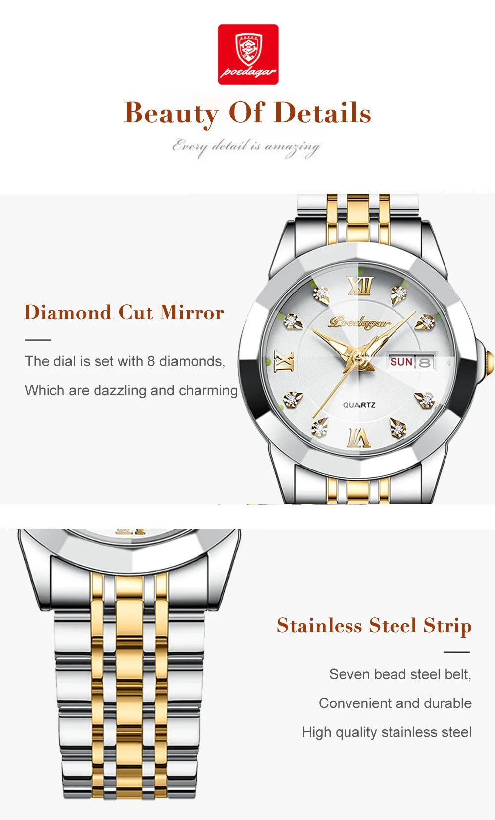 POEDAGAR orologi da donna di marca di lusso impermeabile luminoso data settimana orologio al quarzo per donna orologio da donna di moda in acciaio inossidabile